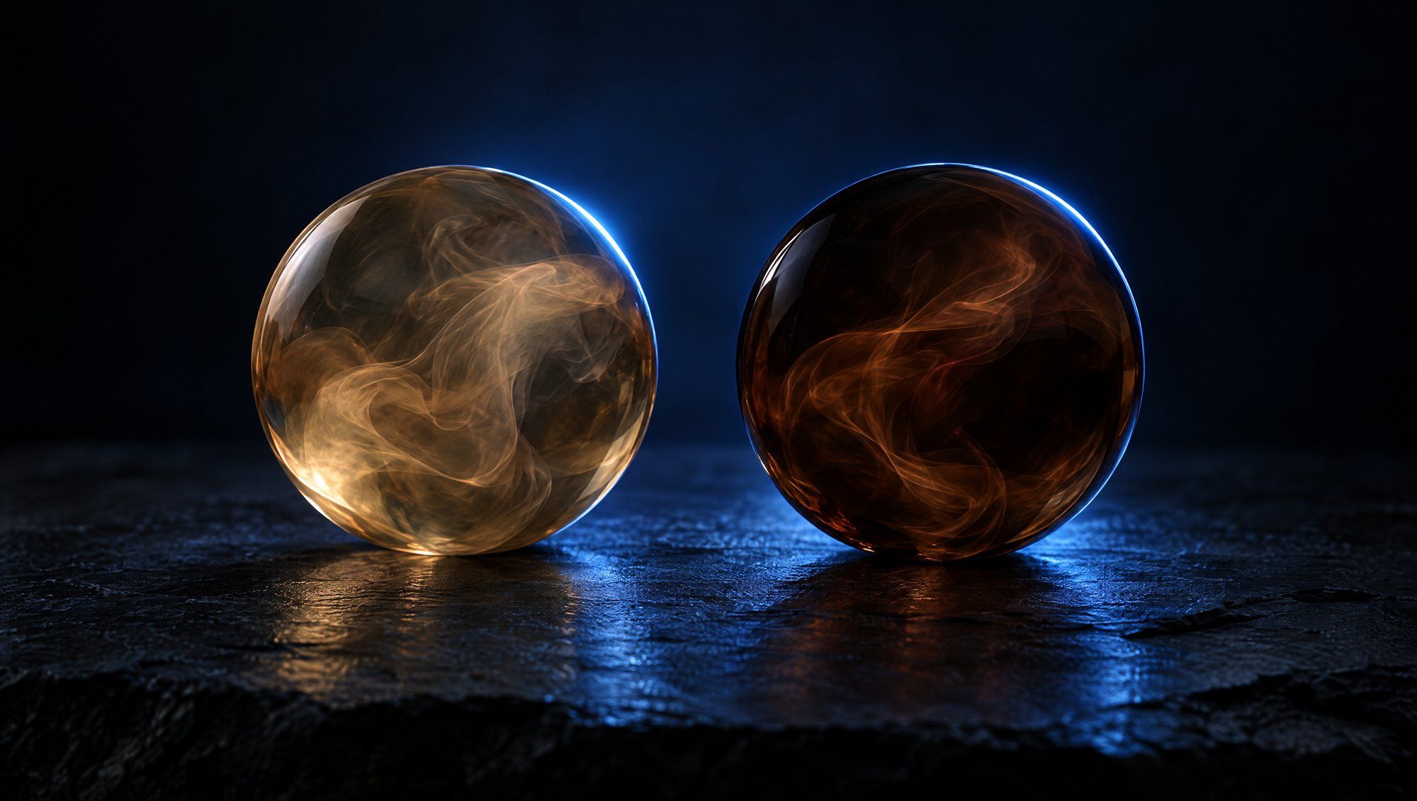 Two glass spheres with swirling smoke inside, one pale amber and one deep brown, sitting side by side on dark slate with a blue rim light behind them.