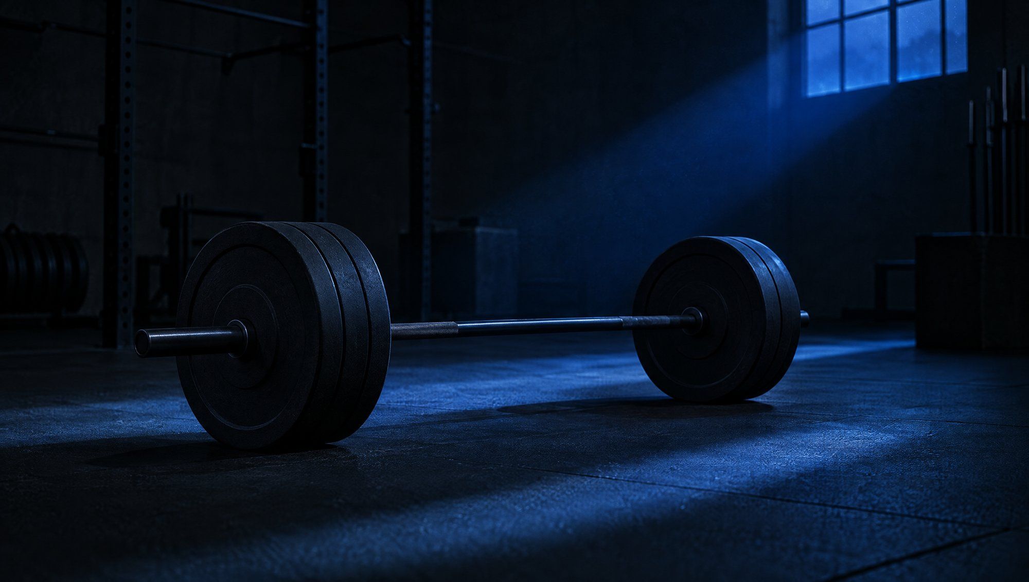 A loaded black barbell on the floor of an empty dark gym, crossed by a shaft of blue light from a high window.