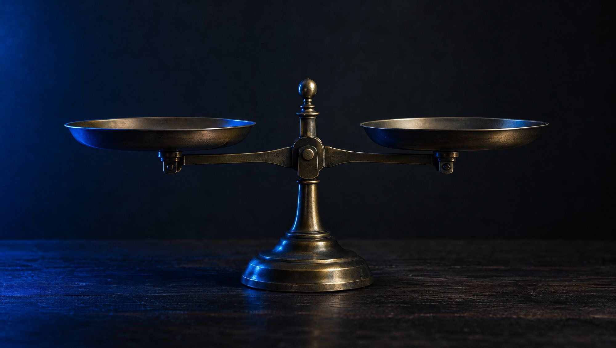 An old brass balance scale with two empty, level pans on a dark wooden table, edged in navy-blue light.