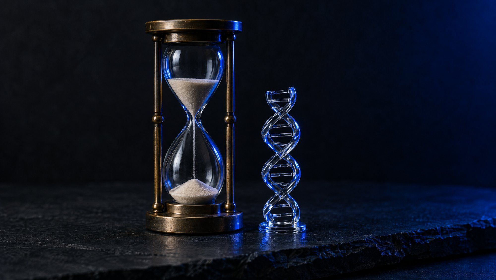 A brass and glass hourglass standing beside a small clear glass double-helix model on dark slate, edged in navy-blue light.