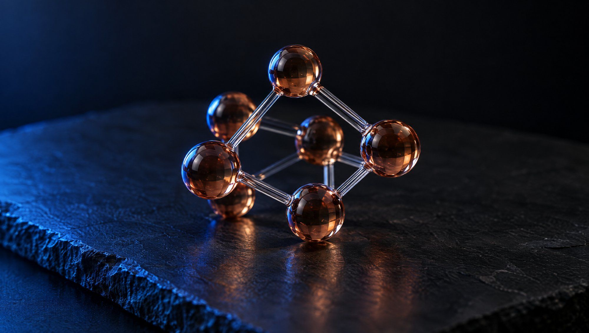A small lattice of copper-tinted glass spheres joined by thin clear glass rods, resting on dark slate and edged in navy-blue light.