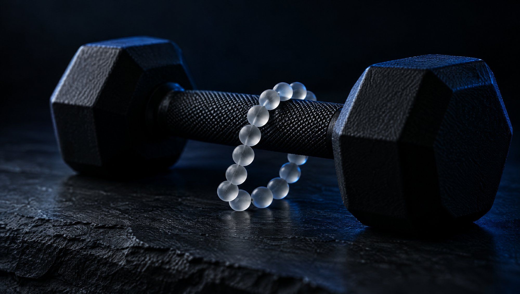 A short chain of frosted glass beads looped over the knurled handle of a black hexagonal dumbbell on dark slate, edged in navy-blue light.