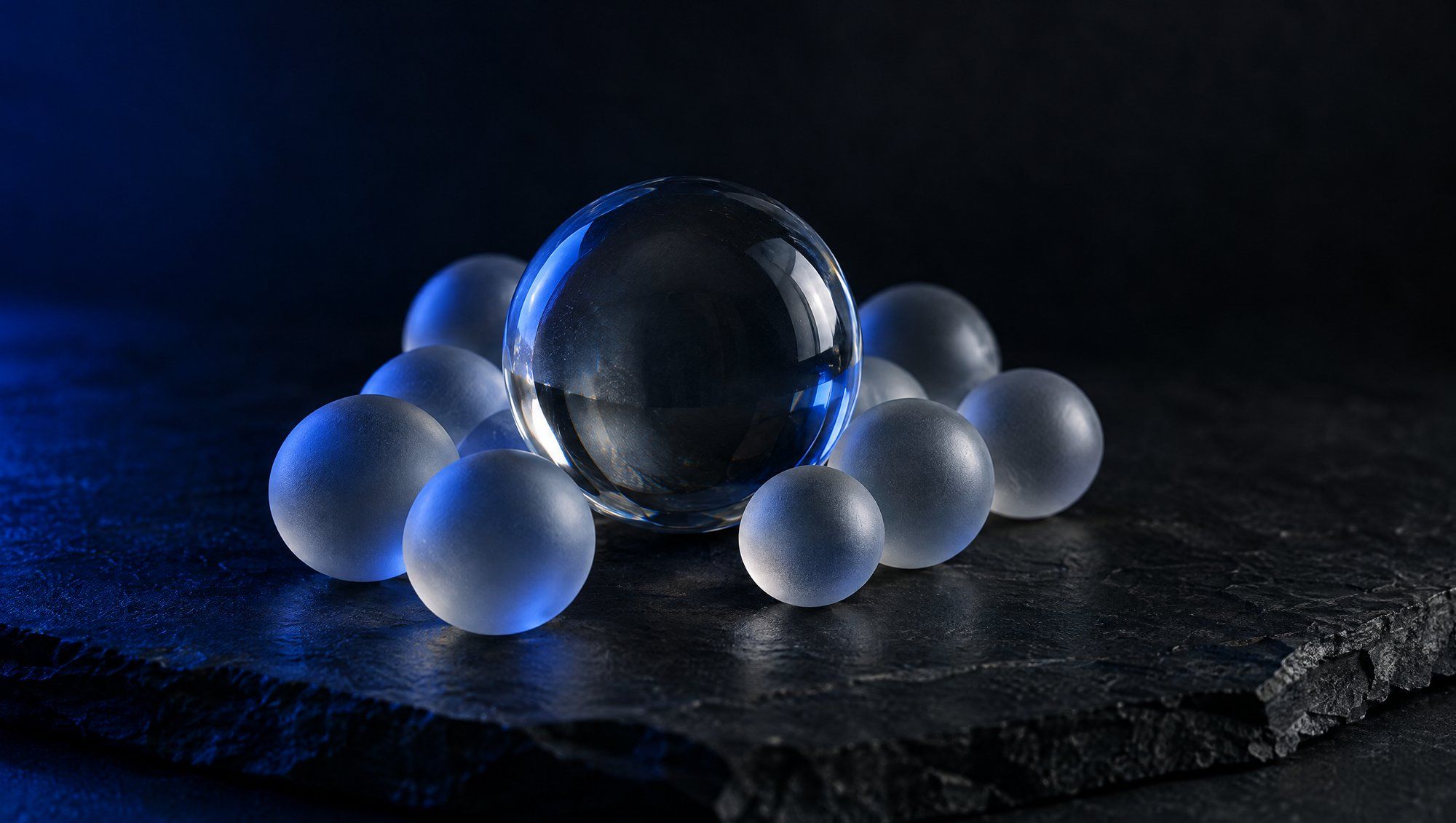 A cluster of small frosted glass spheres gathered around one larger clear glass sphere on dark slate, in navy-blue rim light.
