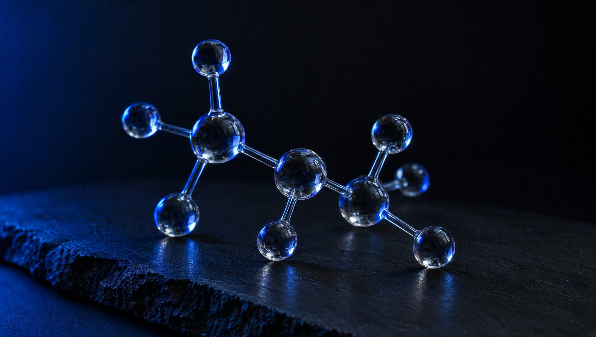 A ball-and-stick molecular model of clear glass spheres and rods resting on dark slate, in navy-blue rim light.