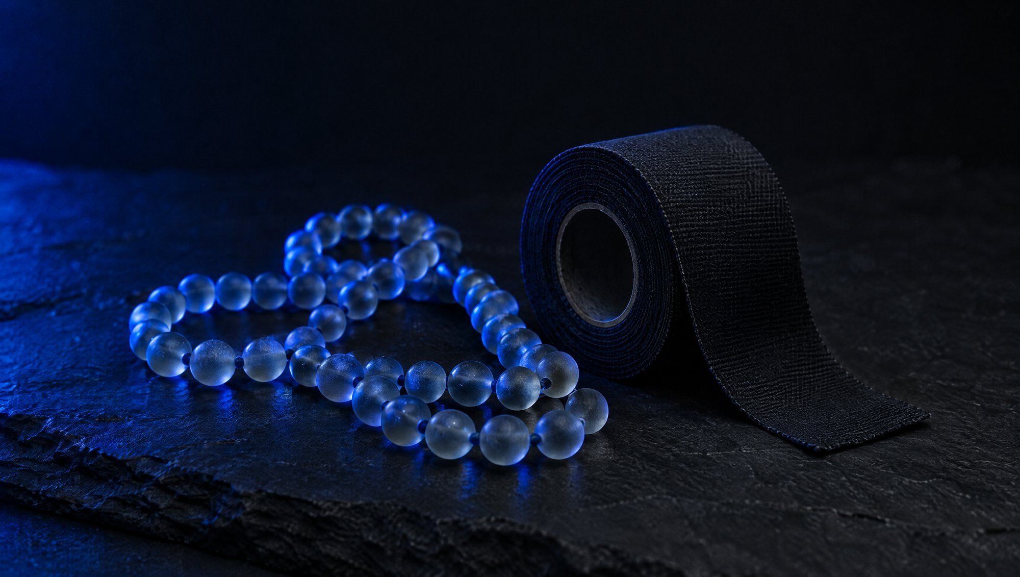 A loose strand of frosted glass beads beside a roll of black athletic tape on dark slate, lit from the side in navy-blue light.