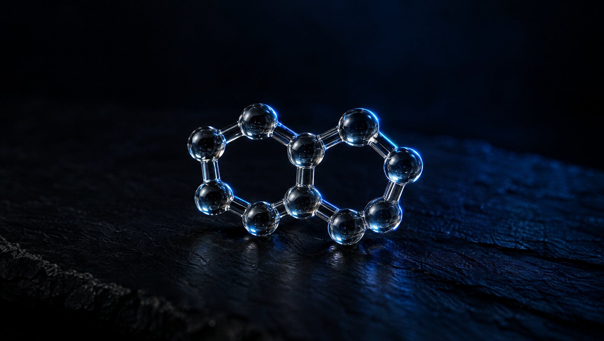 A small clear glass model of two fused six-sided rings of glass spheres and rods, resting on dark slate in navy-blue rim light.