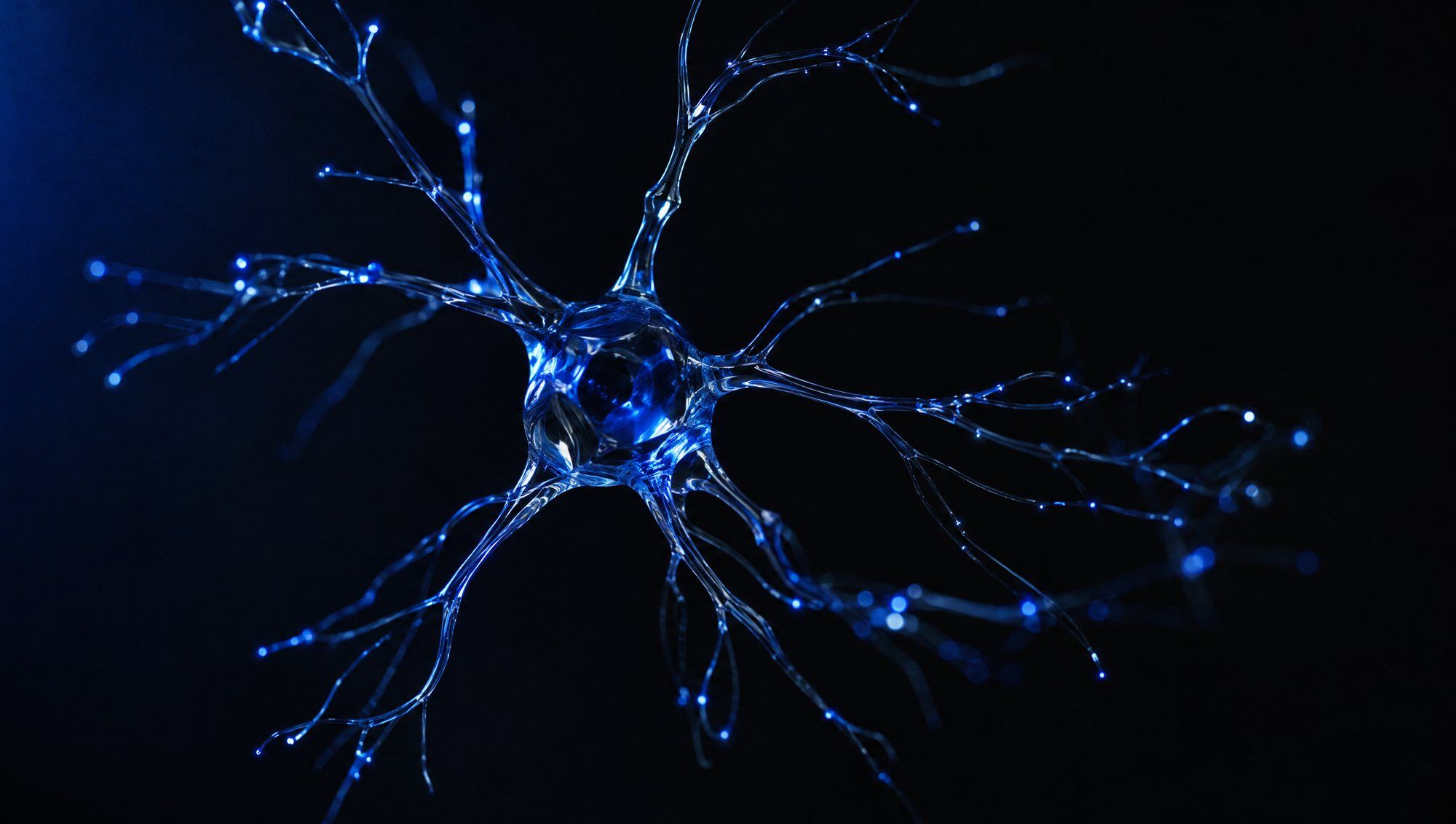 An abstract glass sculpture of a branching neuron with fine glowing blue filaments, floating in darkness.