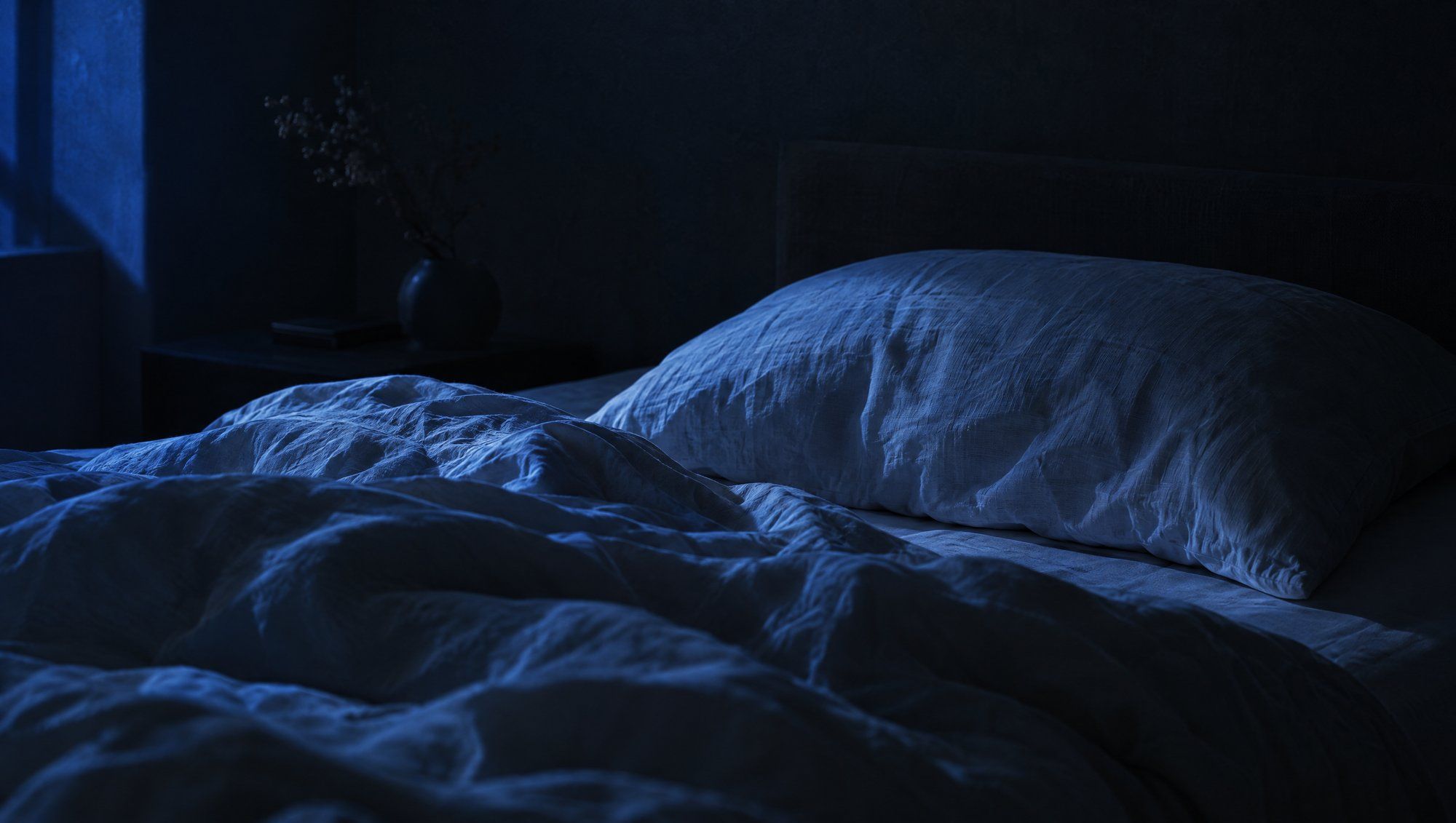 A rumpled white linen pillow and duvet on a low bed in a dark bedroom, lit by cool blue moonlight.
