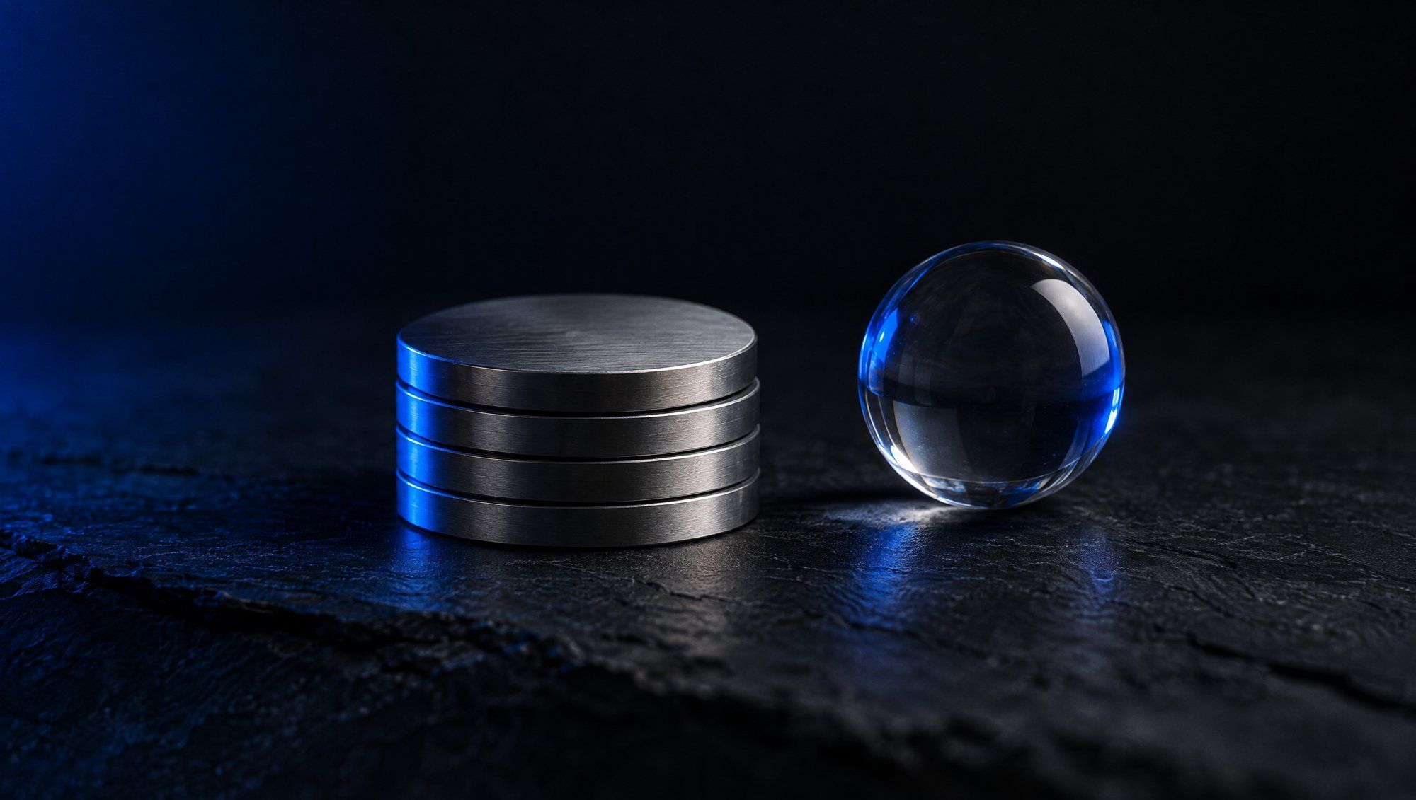 A short stack of plain brushed metal discs beside a clear glass sphere on dark slate, edged in navy-blue light.