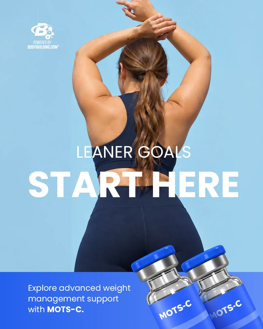 Bodybuilding Peptides ad: a woman in workout wear stretching, seen from behind, above two MOTS-c vials, 'Leaner goals start here'