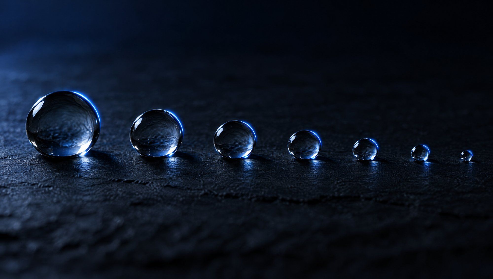 Seven clear glass droplets in a row on dark slate, shrinking from a large droplet on the left to a tiny one on the right, each rimmed in navy-blue light.